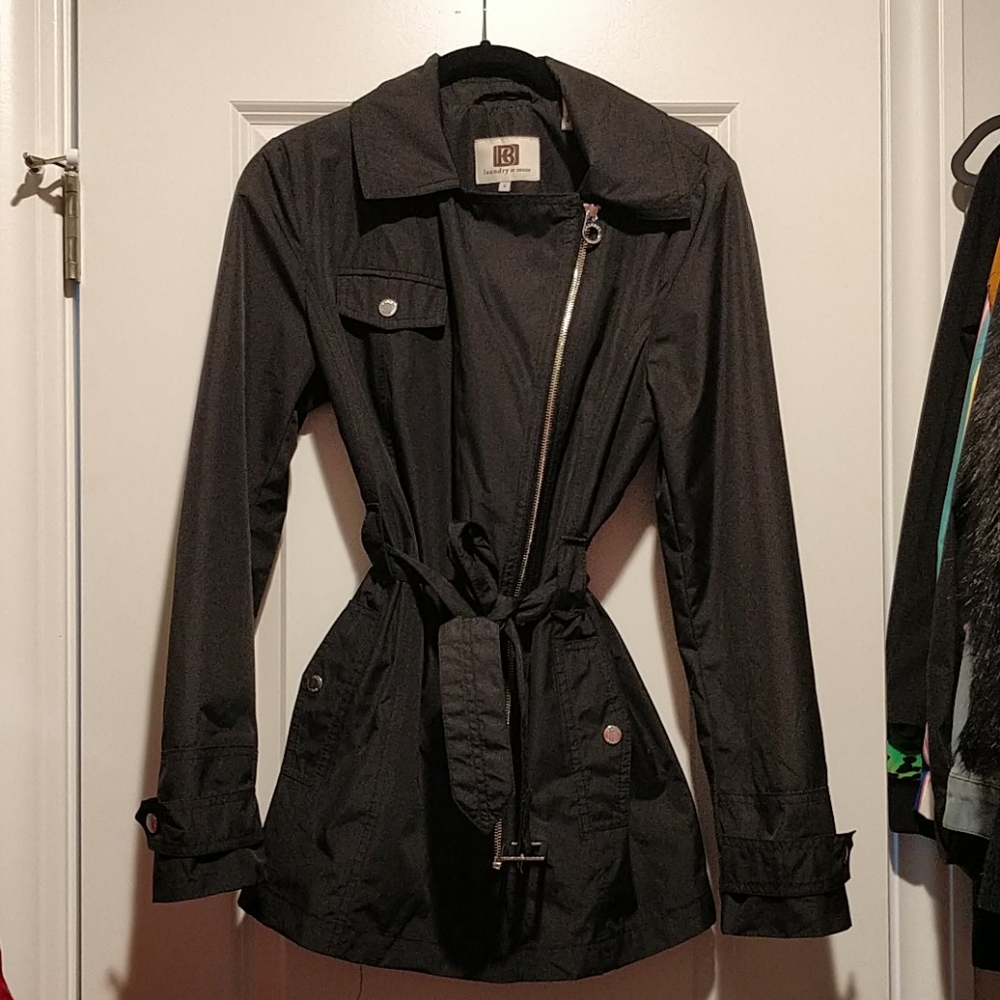 NWOT Chic diagonal zipper tie waist black jacket - Picture 6 of 16